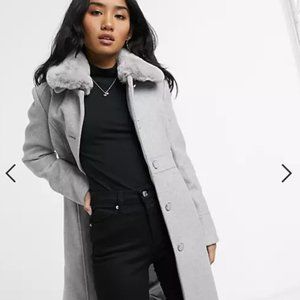 Ever New Petite long coat with faux fur collar in gray